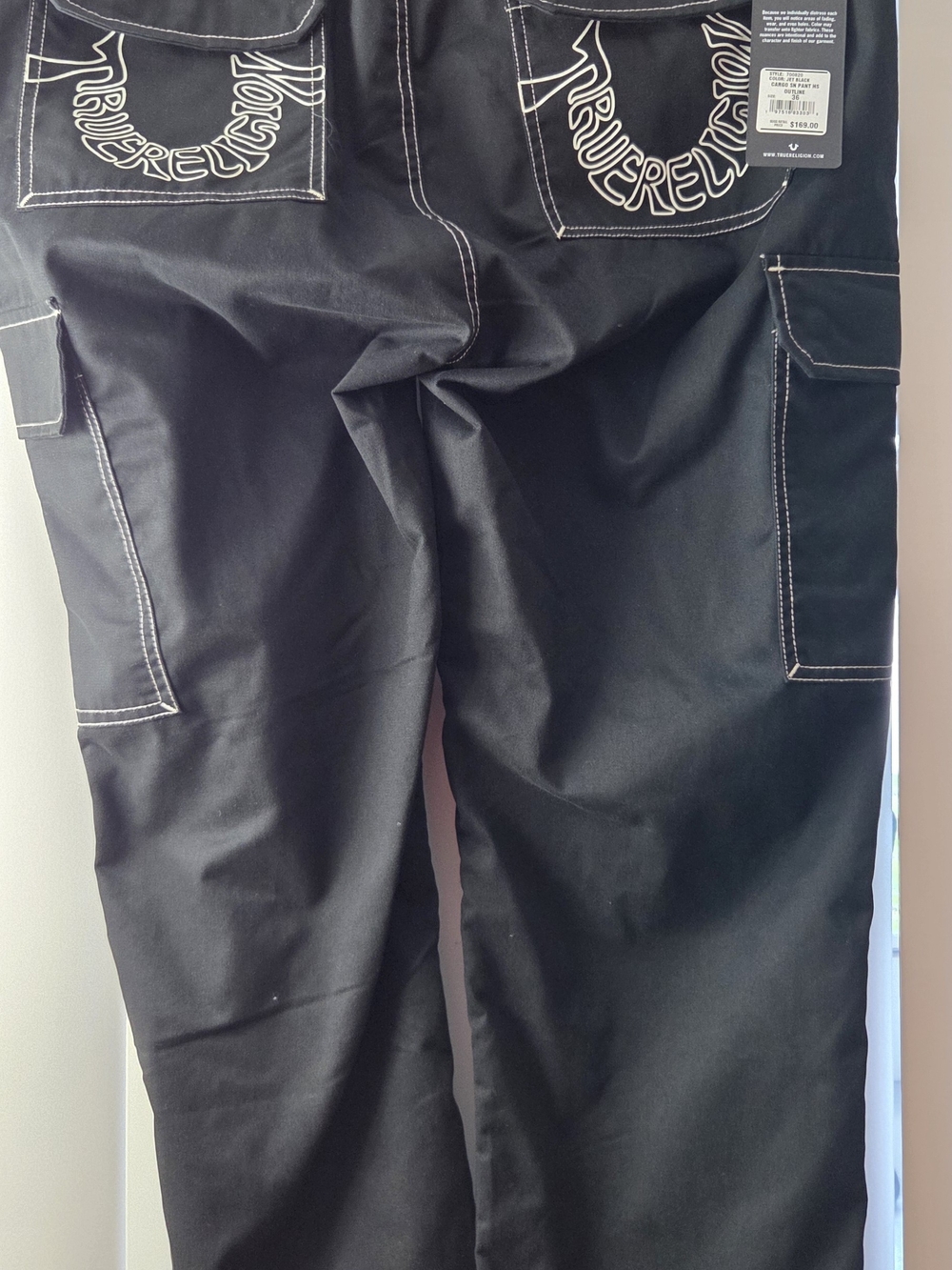 True Religion Black Cargo Pants with Contrast Stitching